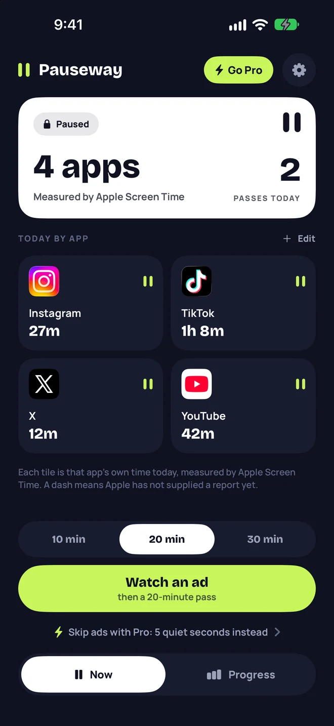 Home: four paused apps and today’s usage per app